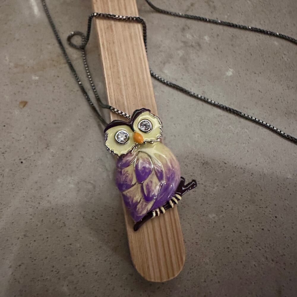 Sterling Silver Hand-Painted Modish Owl with Clear CZ Pendant Necklace